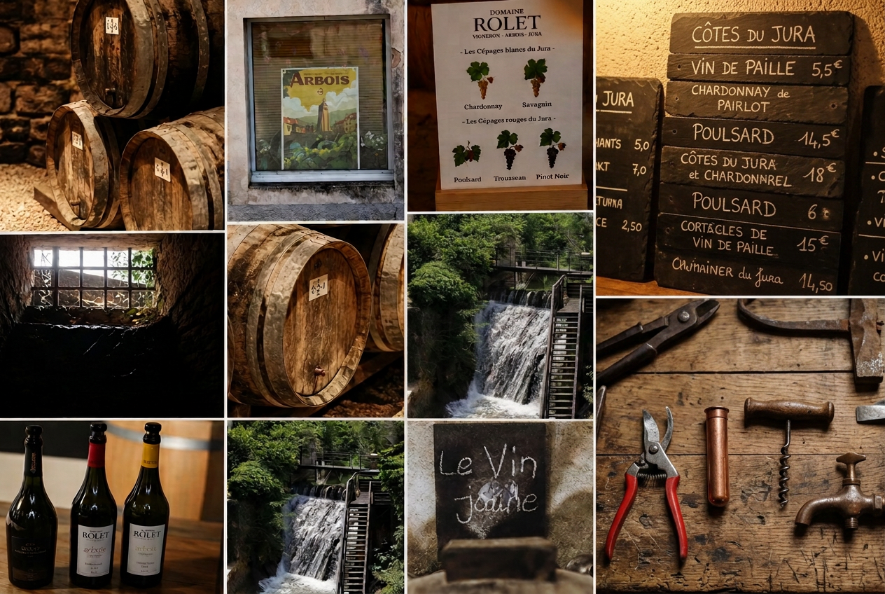 Oude kelders, vaten en flessen van Domaine Rolet in Arbois in de Jura