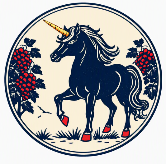 Rond embleem met een donkerblauwe eenhoorn met gouden hoorn tussen rode druiventrossen